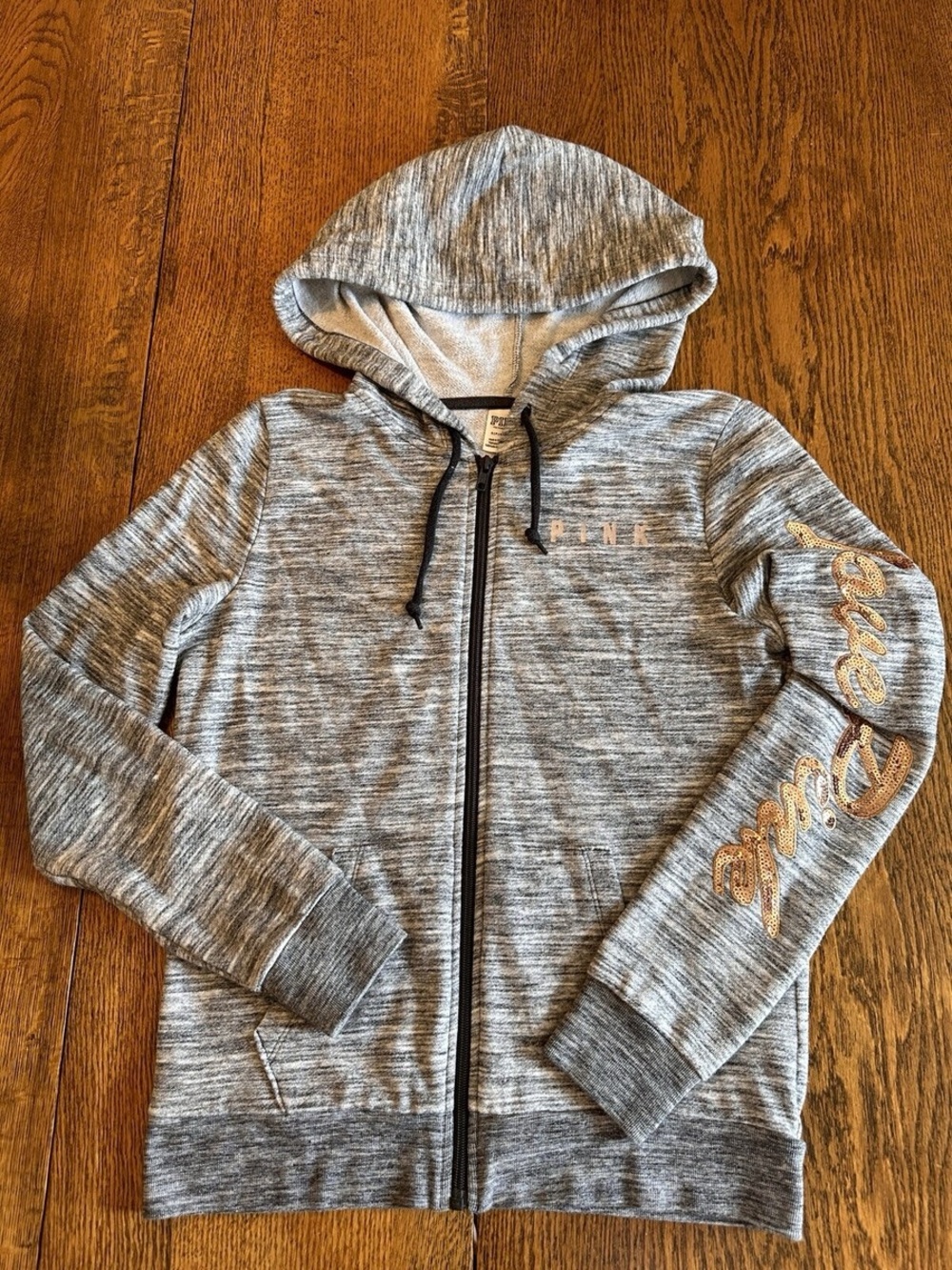 Victoria's Secret PINK Y2K Zip-Up Hoodie with Rose Gold Sequin Stars & Branding